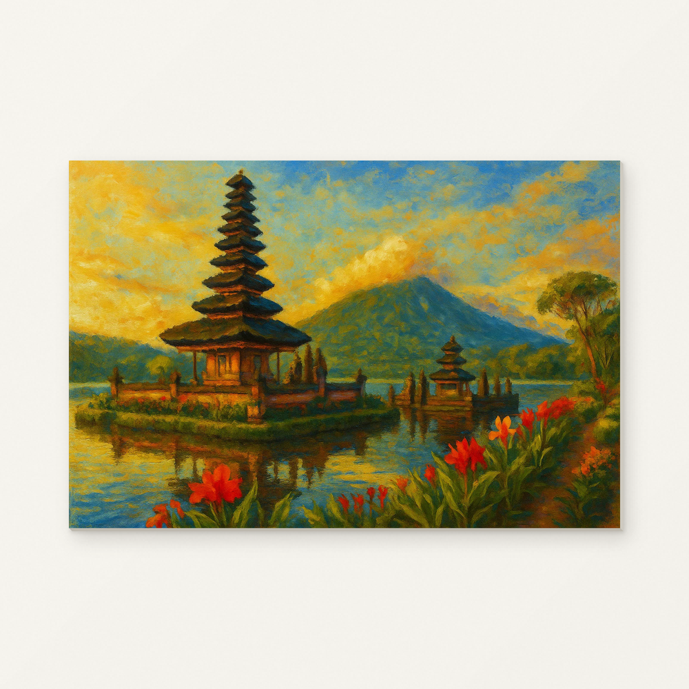 Bali Temple Reflections Paint by Numbers Kit — original artwork displayed as a canvas on a warm off-white wall.