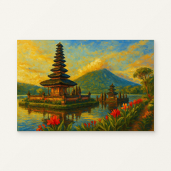 Bali Temple Reflections Paint by Numbers Kit — original artwork displayed as a canvas on a warm off-white wall.