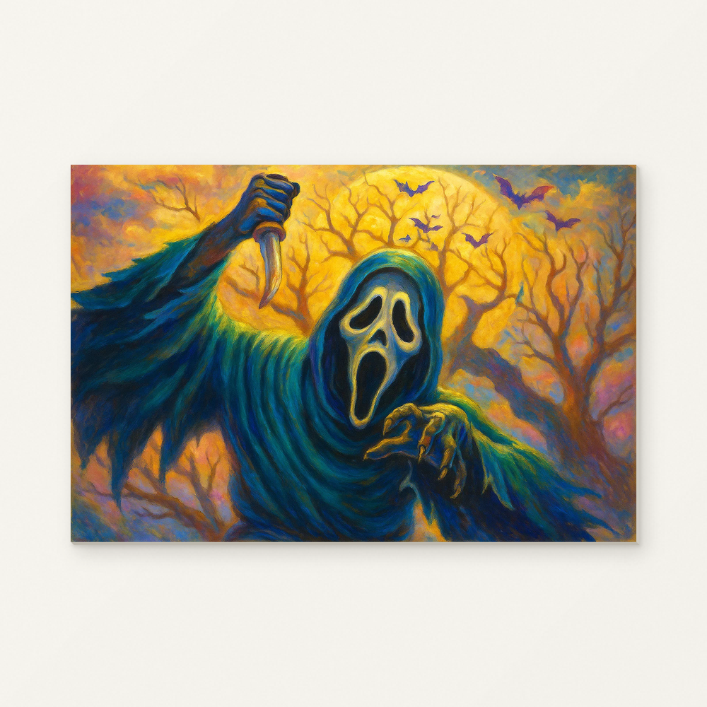 Halloween Figure Under a Twilight Sky Paint by Numbers Kit — original artwork displayed as a canvas on a warm off-white wall.