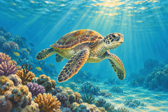 A green sea turtle glides through turquoise water above a coral shelf illuminated by warm sunbeams.