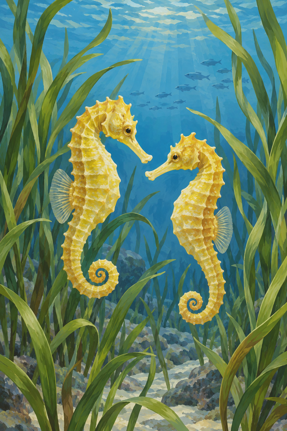 Two yellow seahorses face one another among tall seagrass in gently lit blue water.