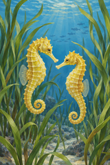 Two yellow seahorses face one another among tall seagrass in gently lit blue water.