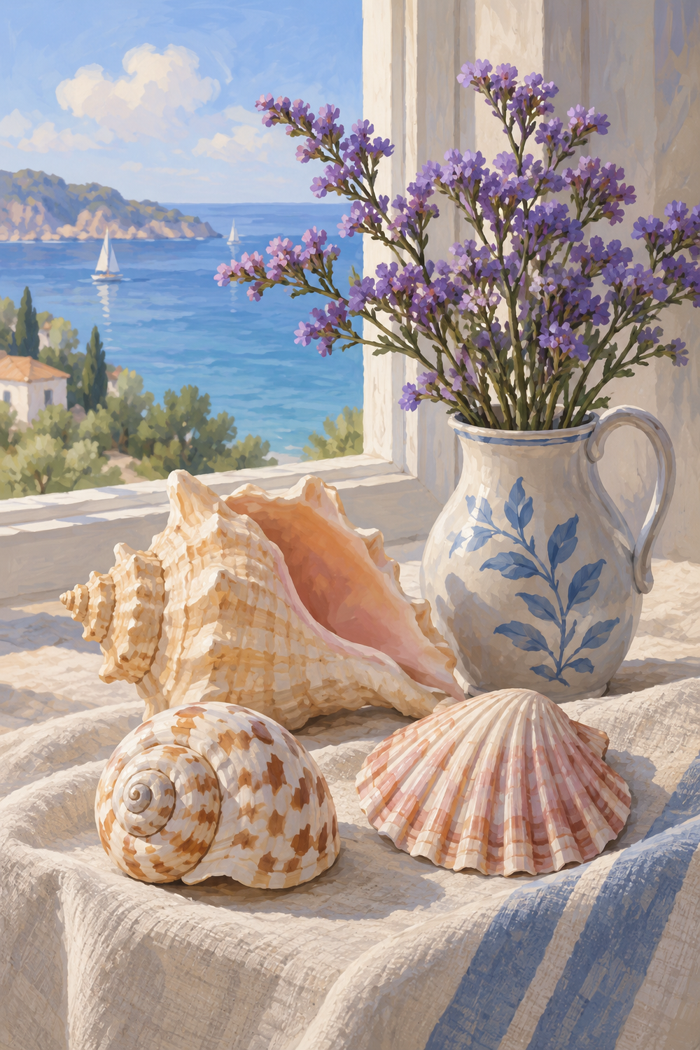 An elegant coastal still life of three naturally shaped seashells and one stem of sea lavender on pale linen beside a window with the soft blue sea beyond.