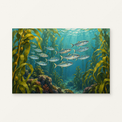 School of Silver Fish in Kelp Paint by Numbers Kit — original artwork displayed as a canvas on a warm off-white wall.