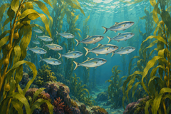 A school of silver fish arcs through tall kelp in blue-green water crossed by bands of light.