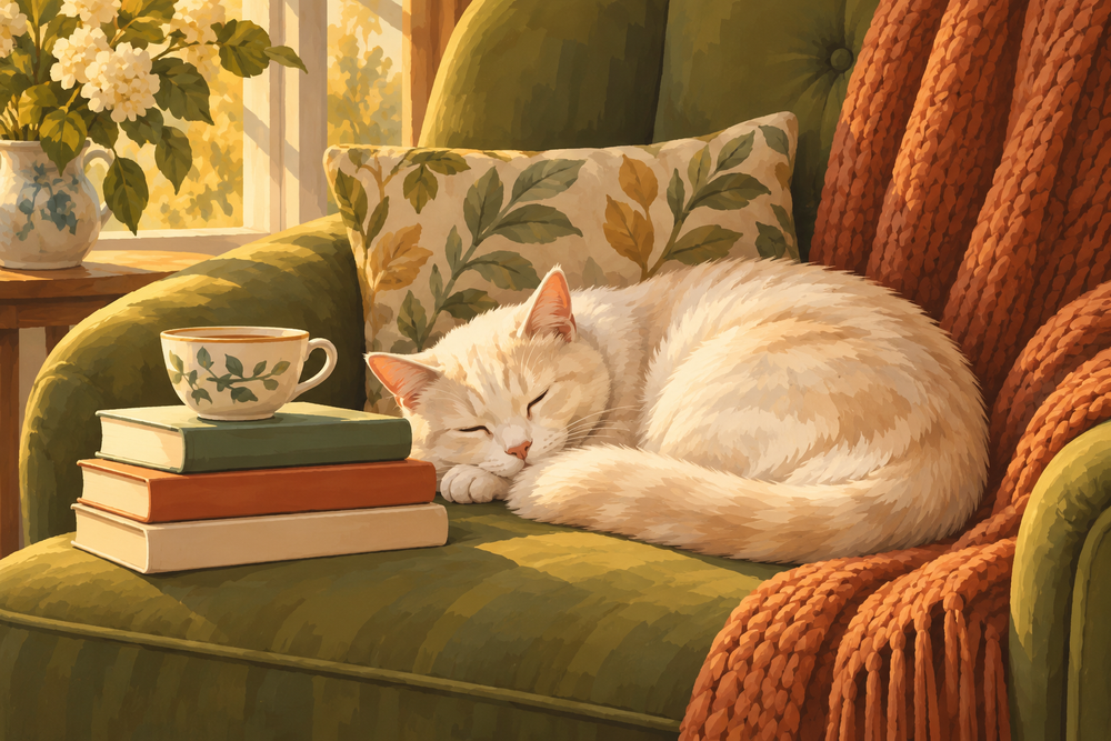 One cream adult cat sleeping curled beside a small stack of blank-spined books and a ceramic teacup, calm olive armchair, warm late-afternoon light.