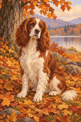 A chestnut-and-white spaniel sits beside a tree among autumn leaves in warm copper, ochre and plum tones.