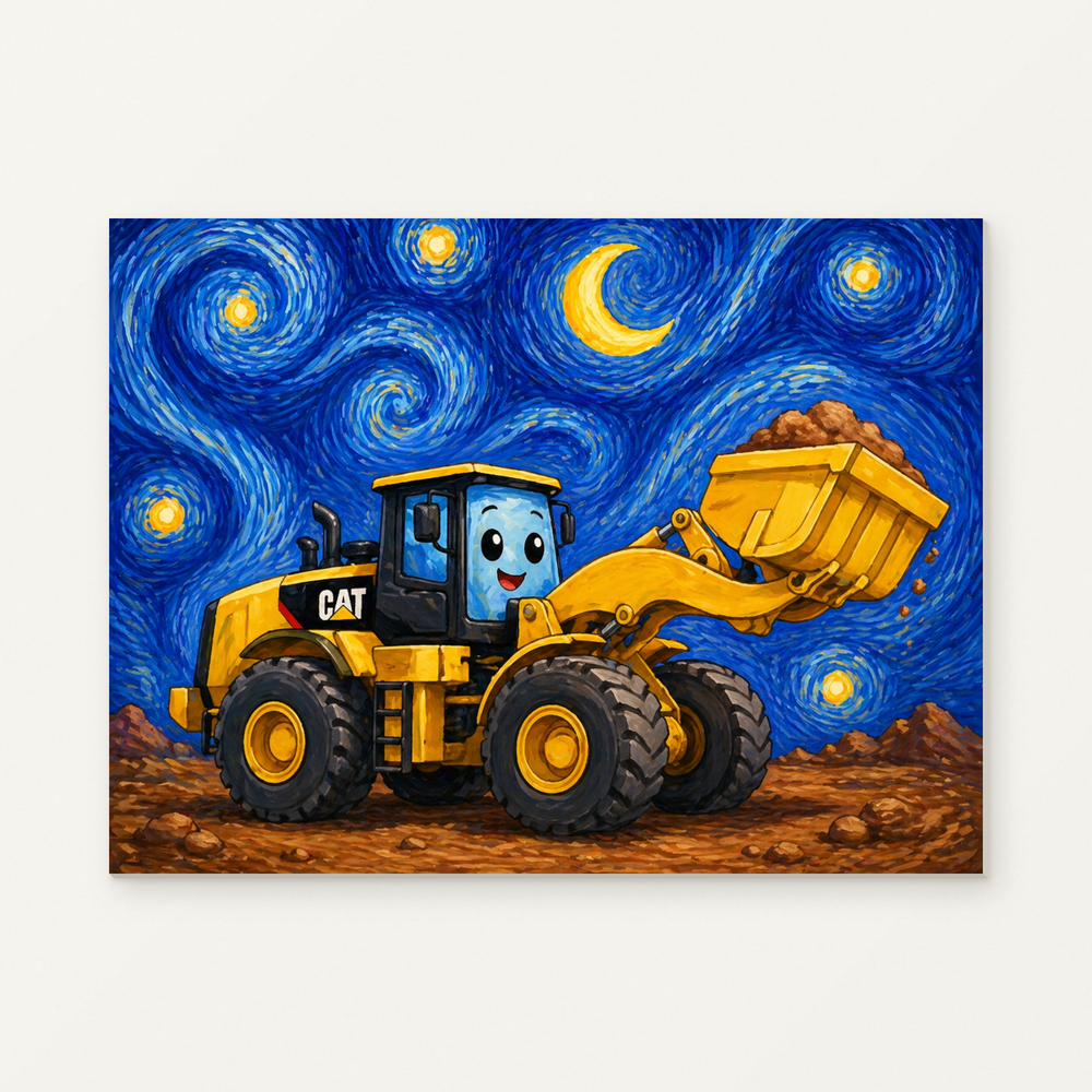 Cute Construction Loader at Night Paint by Numbers Kit — original artwork displayed as a canvas on a warm off-white wall.