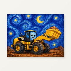 Cute Construction Loader at Night Paint by Numbers Kit — original artwork displayed as a canvas on a warm off-white wall.