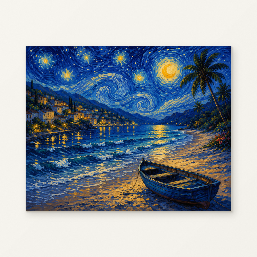 Seaside Village Under a Starry Sky Paint by Numbers Kit — original artwork displayed as a canvas on a warm off-white wall.