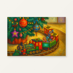 Toy Train Under the Christmas Tree Paint by Numbers Kit — original artwork displayed as a canvas on a warm off-white wall.
