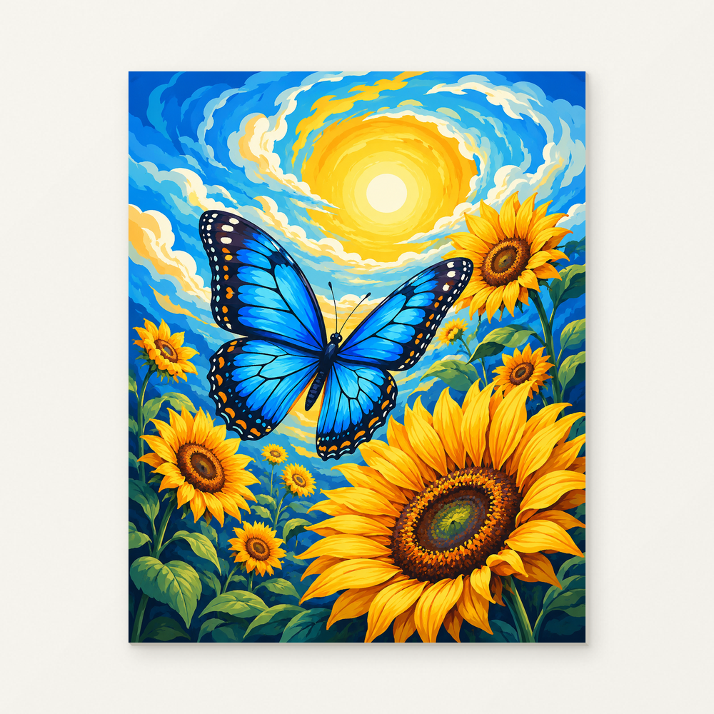 Sunflower Glow Paint by Numbers Kit — original artwork displayed as a canvas on a warm off-white wall.