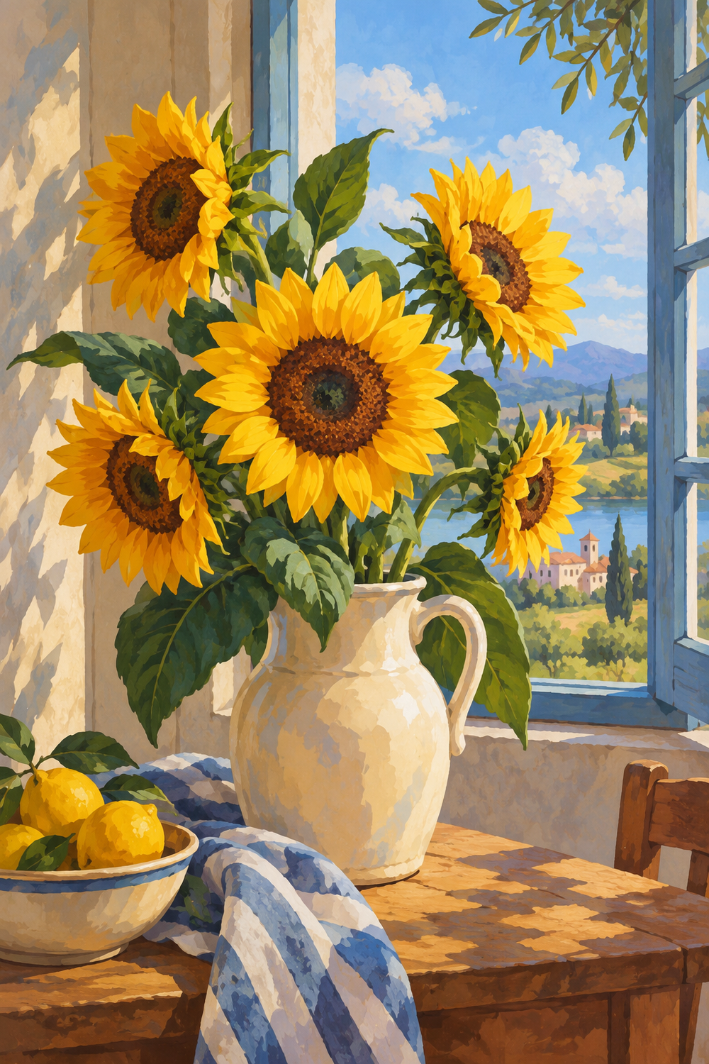 Golden sunflowers and broad green leaves fill a cream jug beside an open window and a clear blue sky.
