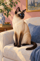 A Siamese cat sits on a pale linen chair, its dark features set against indigo shadows and a soft blush wall.