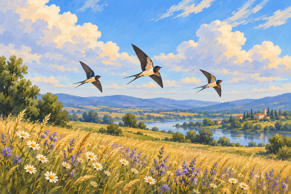Three barn swallows glide above a golden meadow beneath broad clouds and a soft blue sky.