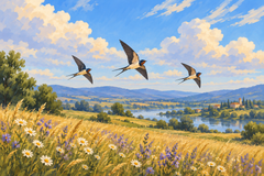Three barn swallows glide above a golden meadow beneath broad clouds and a soft blue sky.