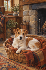 A wiry tan-and-white adult terrier curled in a basket beside an unlit stone hearth, warm russet blanket and quiet cool shadows, fur rendered in broad shapes.