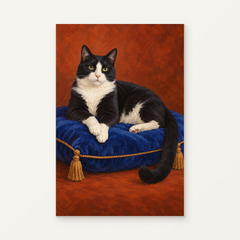 Tuxedo Cat on a Blue Velvet Cushion Paint by Numbers Kit — original artwork displayed as a canvas on a warm off-white wall.