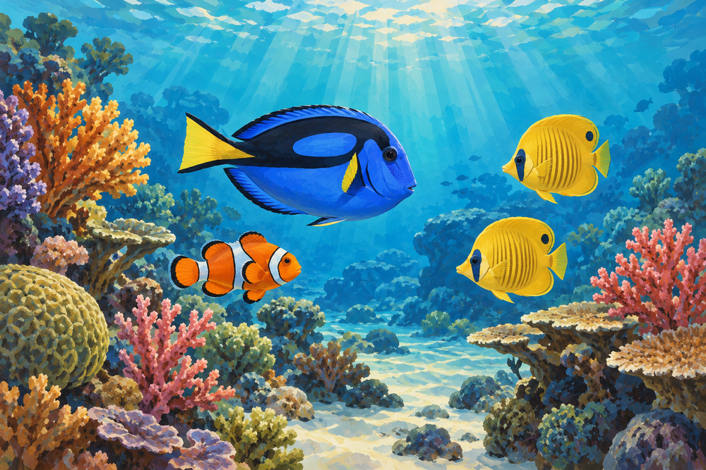 A blue tang, orange clownfish and yellow butterflyfish gather around a sunlit coral reef in turquoise water.