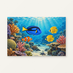 Tropical Fish on a Coral Reef Paint by Numbers Kit — original artwork displayed as a canvas on a warm off-white wall.