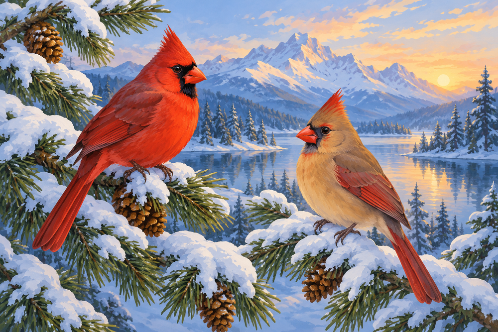 A red male cardinal and a warm tan female perch on snowy pine branches against a soft blue winter sky.