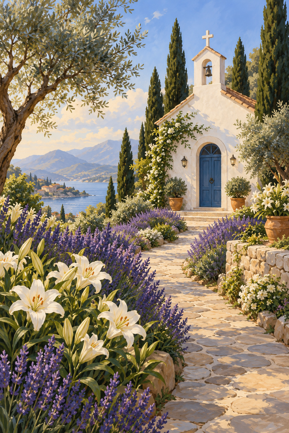 White chapel with a blue door in a flower garden