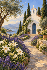 White chapel with a blue door in a flower garden