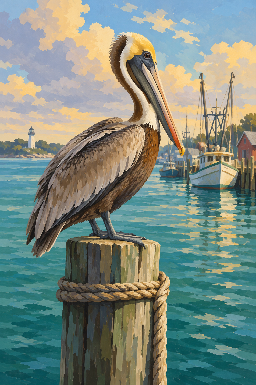 A brown pelican perches on a weathered harbor post above teal water, with fishing boats in the distance.