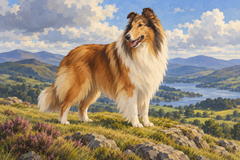 A sable rough collie stands on a grassy ridge above rolling hills beneath a cloudy blue sky.