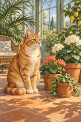 A ginger cat sits among terracotta pots, fern silhouettes and warm tiles in a sunlit conservatory.