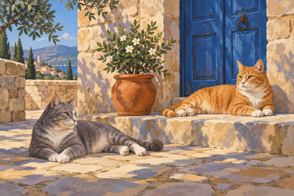 A ginger cat and a grey cat rest in a sunlit stone courtyard beside a cobalt door and a potted plant.