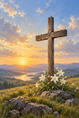 Wooden cross and white lilies on a sunlit hill