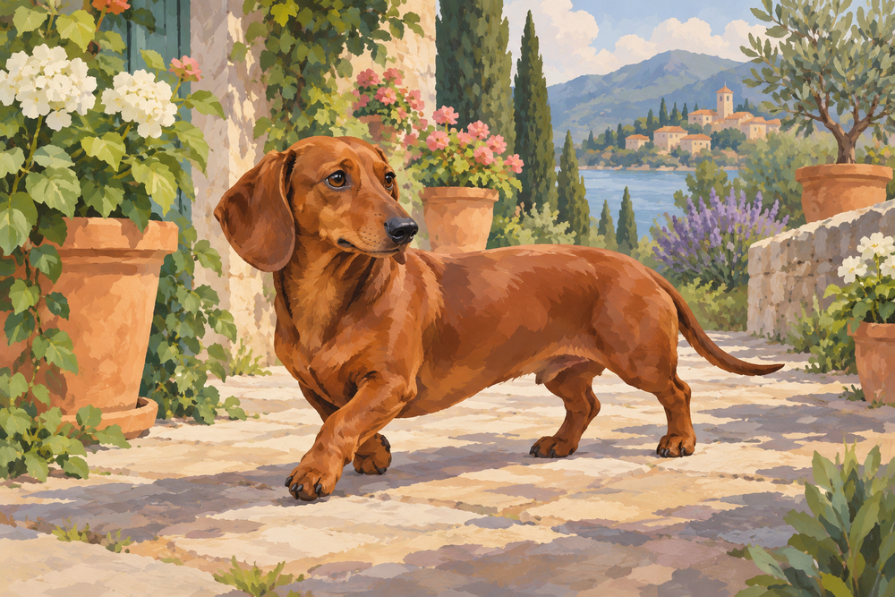 A chestnut dachshund strolls along a pale garden path bordered by terracotta pots and leafy greens.