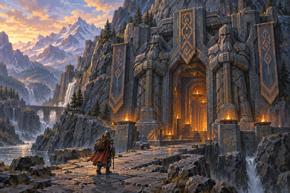 Traveler approaching a carved dwarven mountain gate