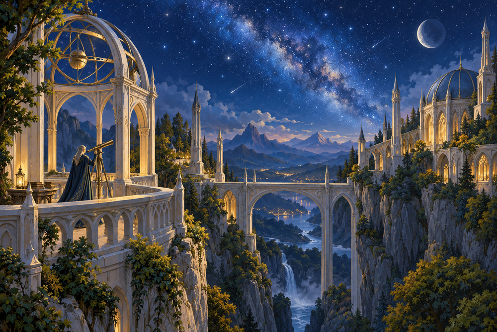 Elven observatory between forest cliffs beneath the stars