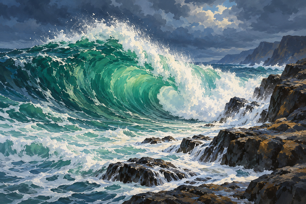 An emerald wave curls toward dark coastal rocks, edged with ivory foam beneath a storm-blue sky.