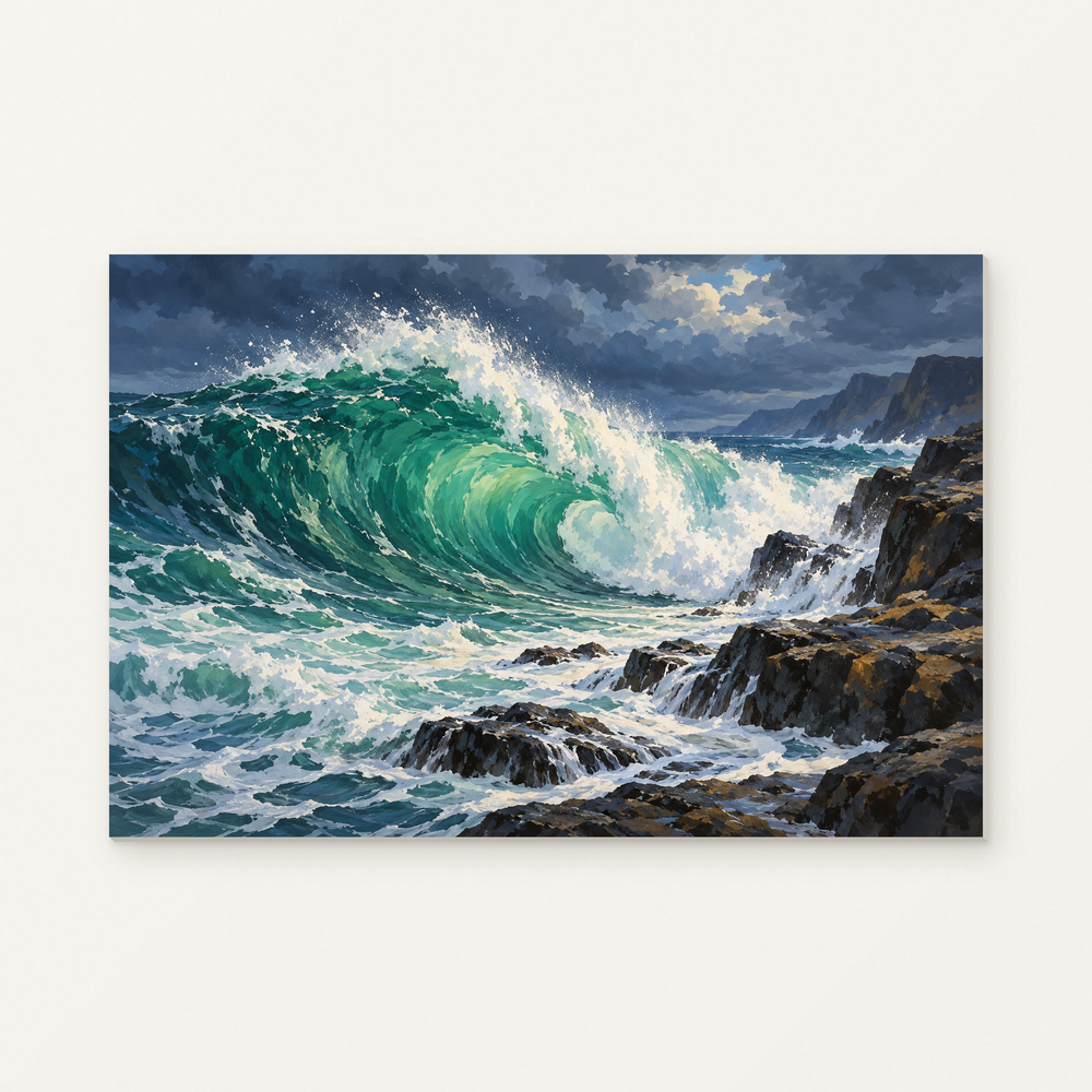 Emerald Ocean Wave and Coastal Rocks Paint by Numbers Kit — original artwork displayed as a canvas on a warm off-white wall.