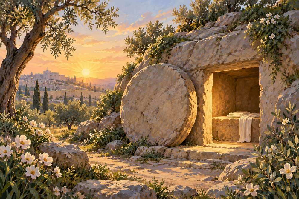 An empty first-century rock-cut tomb in a Judean garden with its large round sealing stone rolled aside, warm sunrise spills into the doorway, white folded linen visible, olive trees and pale wildflowers, no people.