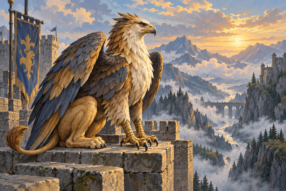 Griffin on a stone battlement above a mountain pass