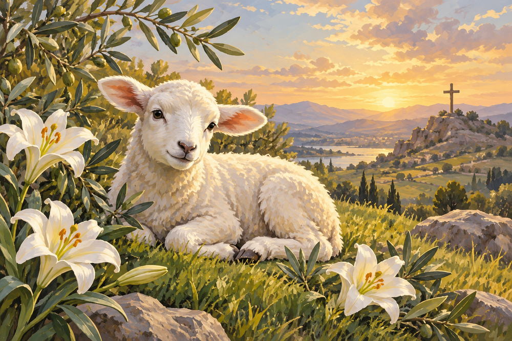 White lamb resting among lilies on a sunlit slope