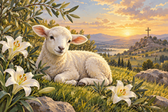 White lamb resting among lilies on a sunlit slope