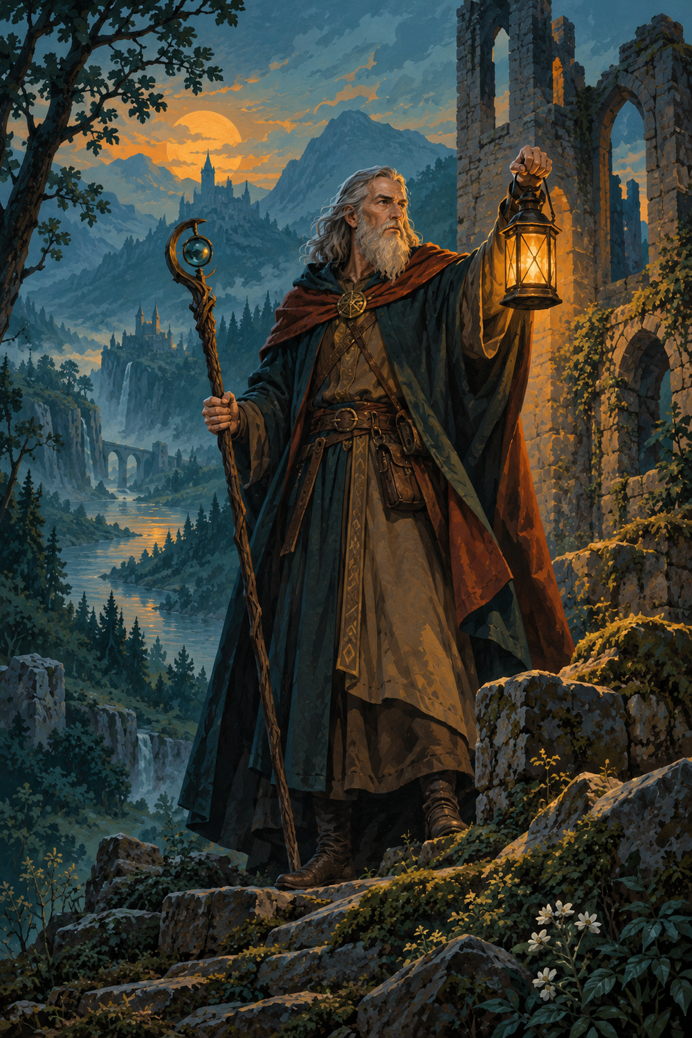 Robed mage with a lantern beside a ruined forest tower