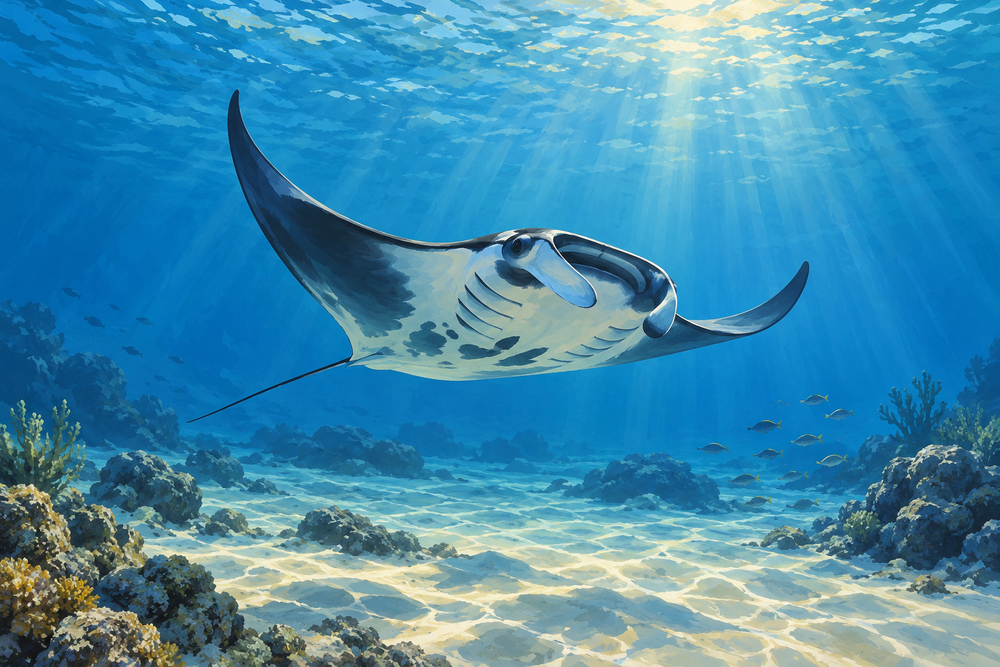 A manta ray glides above a sandy seabed through clear blue water and soft sunlit ripples.