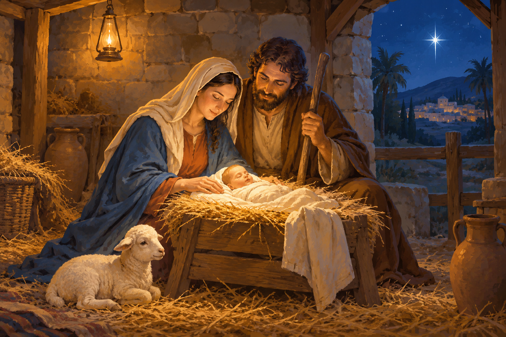 Mary, Joseph and infant Jesus in a lamplit stone stable