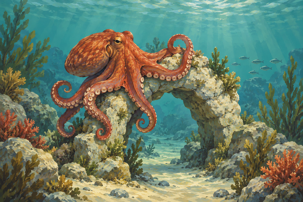 A reddish octopus curls around a pale underwater stone arch amid sea-green water and sparse coral.