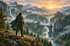 Cloaked ranger overlooking a forest valley and stone bridge