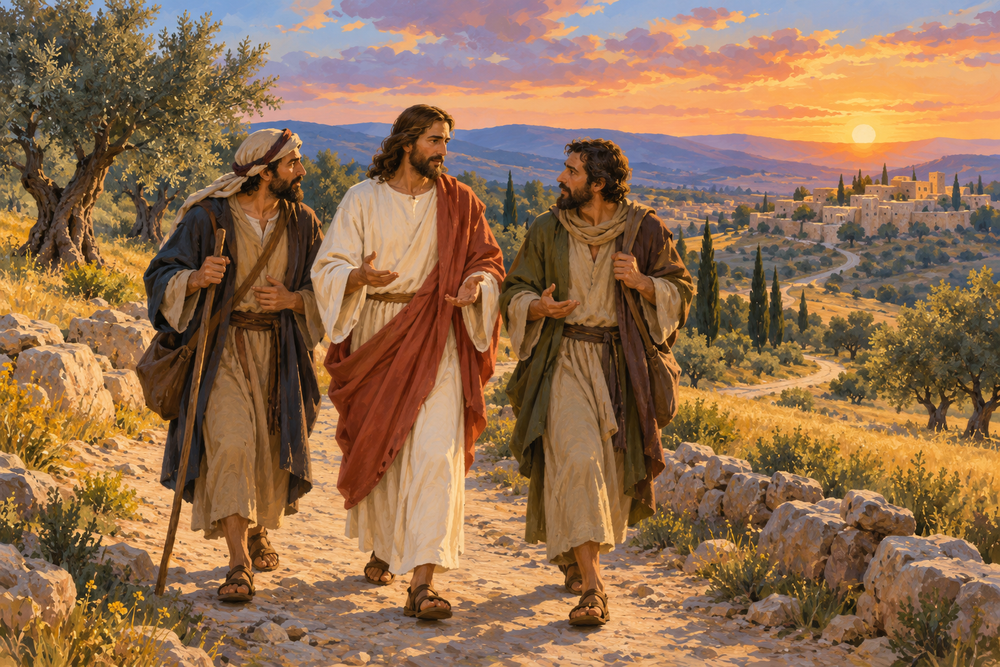 Jesus and two travelers on the road to Emmaus