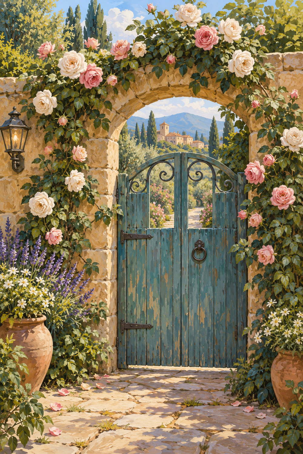 Cream and muted pink roses climb around a weathered teal gate, framed by an ochre stone wall and soft foliage.