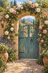 Cream and muted pink roses climb around a weathered teal gate, framed by an ochre stone wall and soft foliage.