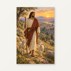 Jesus with Lambs at Sunrise Paint by Numbers Kit — original artwork displayed as a canvas on a warm off-white wall.